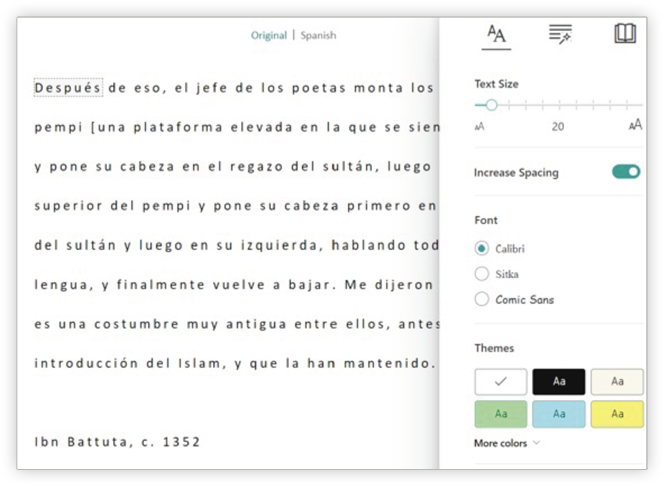 translation of text into Spanish with Immersive Reader