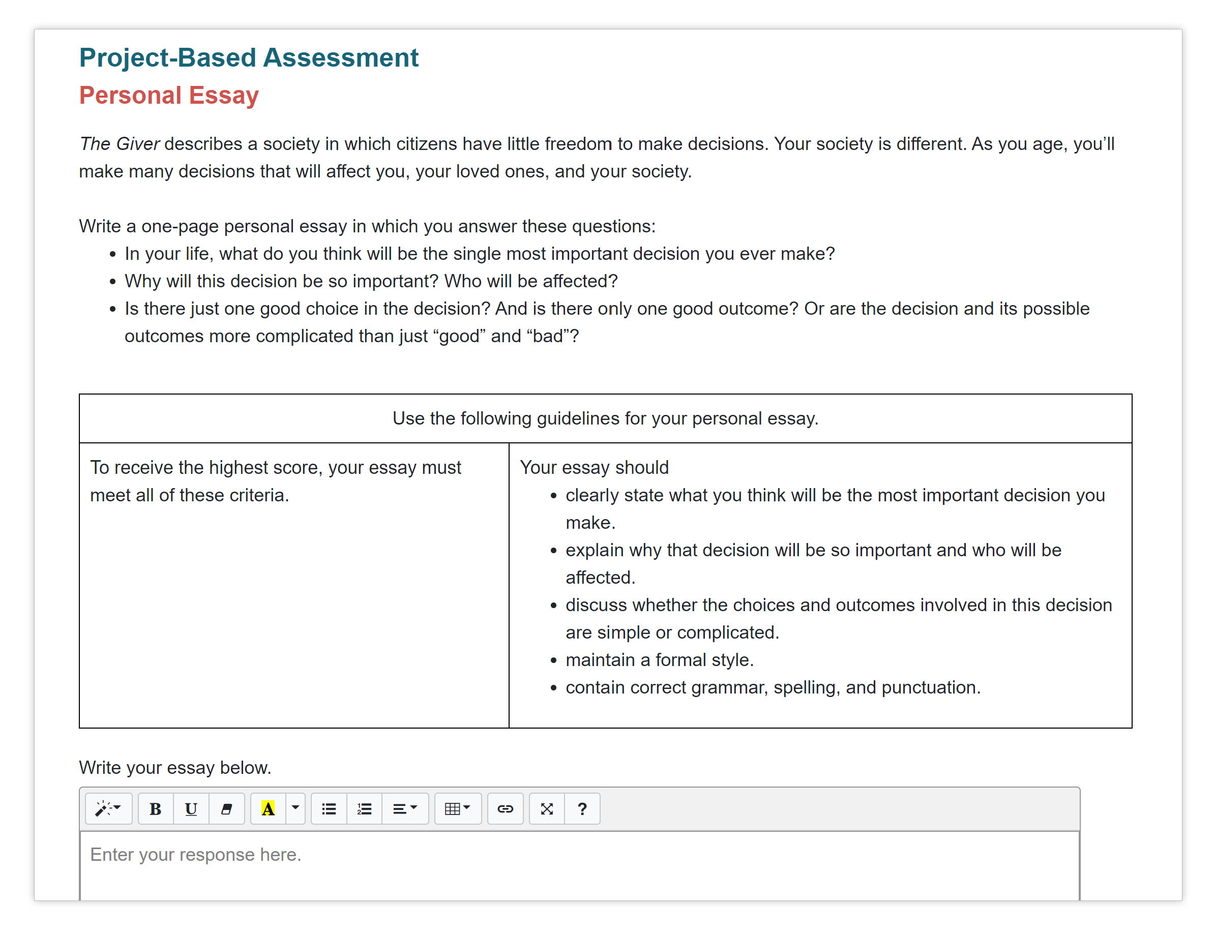 example of project-based assessment - personal essay