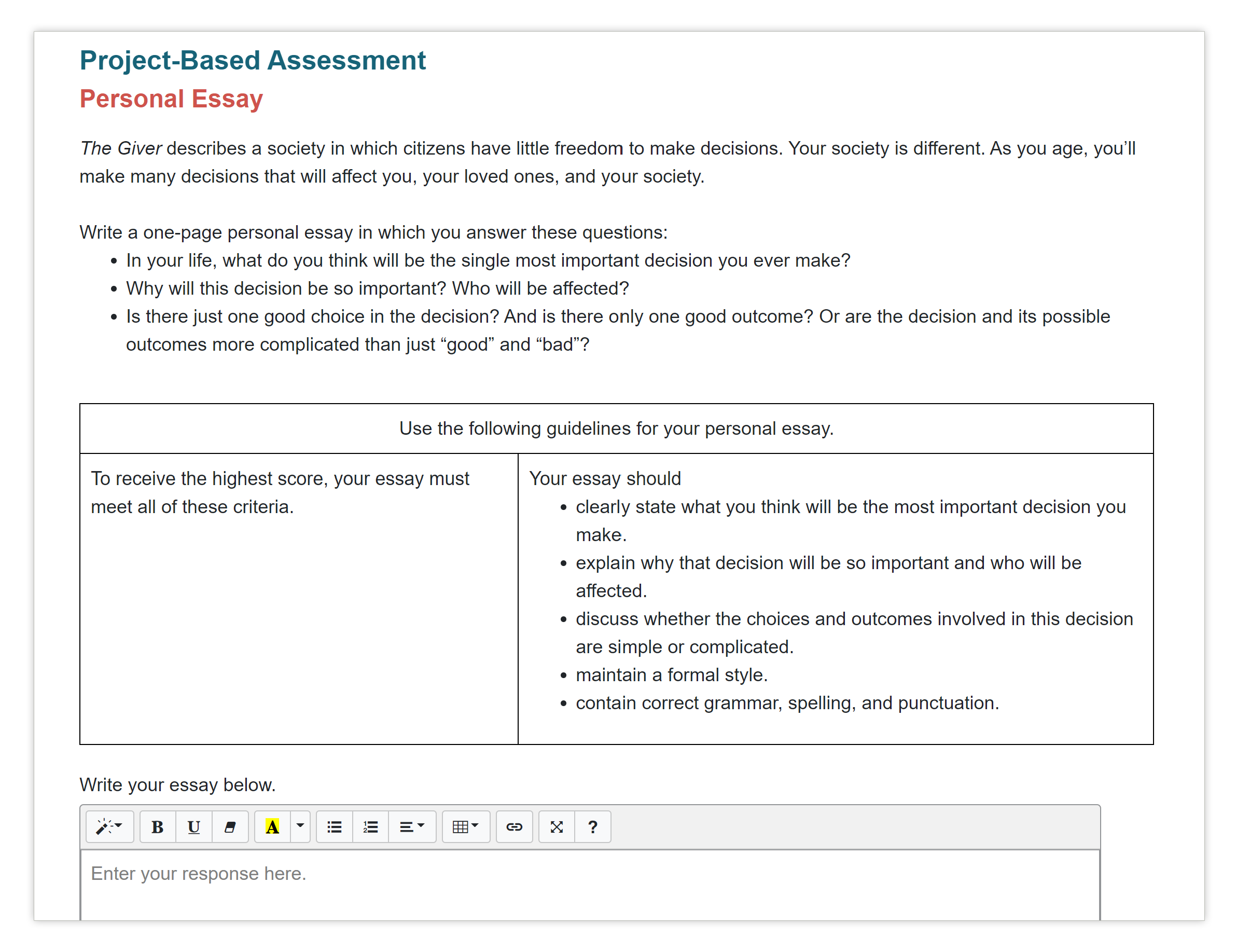 image of project-based assessment personal essay
